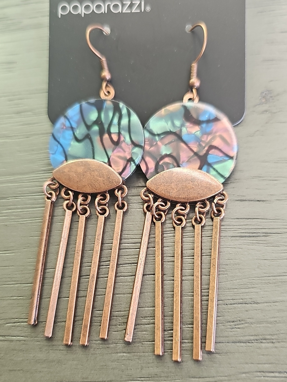 paparazzi Iridescent Disc Copper Fringe Earrings